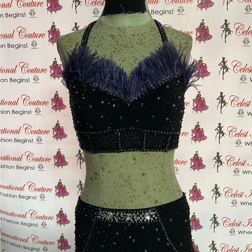 Elegant Black Beaded Crop Top with Purple Feather Trim